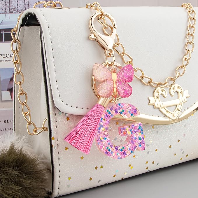 Suweibuke Cute Pink Key Chains for Women Girls, Initial Letter Keychains with Tassel, Charms for Key Purse Handbags Backpacks