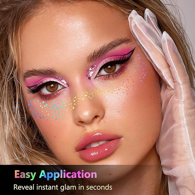 HyperFun 12Pcs Face Glitter Freckles, Face Glitter Fake Freckles Sticker, Gold Sliver Holographic Multichrome Waterproof Sparkle Freckles Makeup Patches for Women Rave Festival Accessories Party Prom