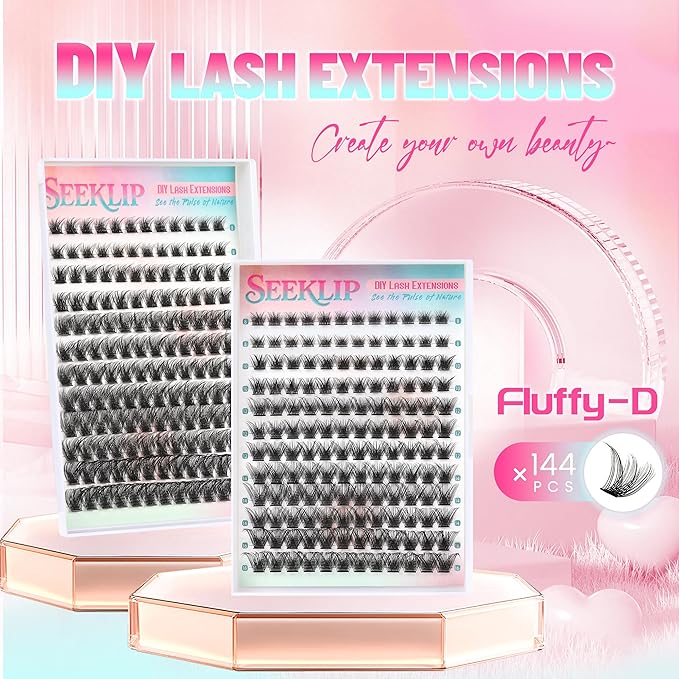 Lash Clusters 144PCS Individual Lashes 8-16MM Mixed Eyelash Clusters D Curl Cluster Lashes Fluffy Cluster Eyelash Extensions DIY Eyelashes Extension at Home (Fluffy-D)
