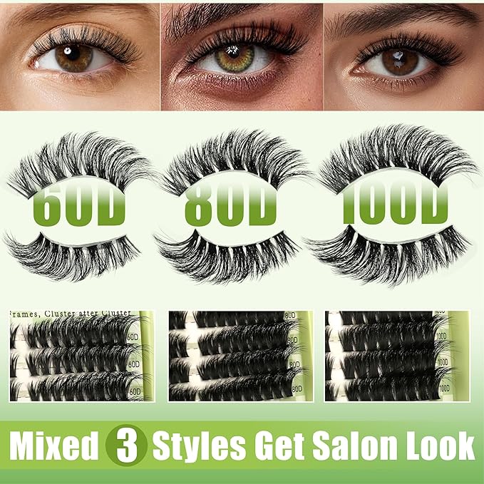Gmagictobo Lash Clusters Kit Natural Cat Eye Lash Clusters Fluffy Volume 520Pcs DIY Individual Lashes Clusters Lash Extension Kit Thin Band Wispy Eyelash Clusters Lash Bond and Seal Lash Tweezers