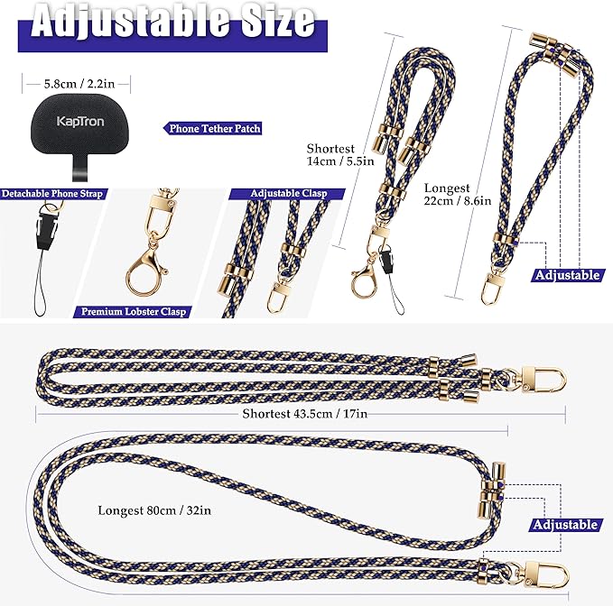 Kaptron 2Pcs Cell Phone Lanyard: Universal Adjustable Crossbody Phone Strap and Wrist Strap, with 2 Lobster Clips and 2 Tether Patches, Compatible with Most iPhone and Android Smartphones