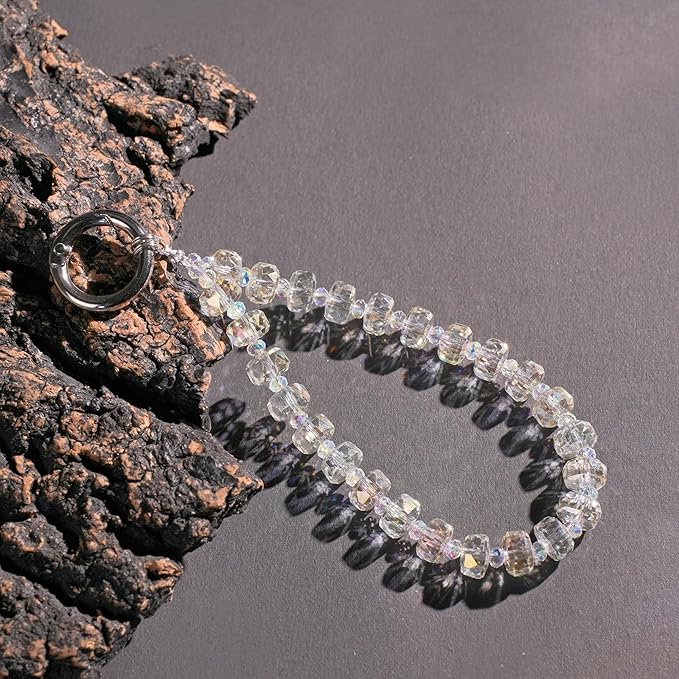 Crystal Beaded Phone Wrist Strap Glass Beads Bracelet Lanyard Crystal Chain Cell Phone Wristlet Strap for Women (Transparent)