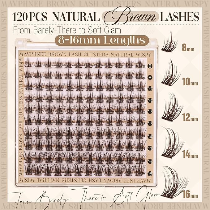 Brown Lash Clusters Wispy Eyelash Individual Lashes Spikes DIY Lash Extensions Dark Brown Cluster Lashes Natural Cluster Eyelash Extensions C-Curly Eyelash Clusters Clear Band Fairy Lash Pack 120Pcs