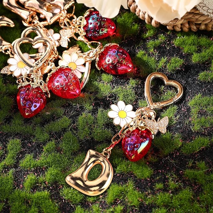 Strawberry Initial Keychain for Women-Cute Kawaii Gold Alphabet Bag Charms, Key chain Gift for Purse Handbag