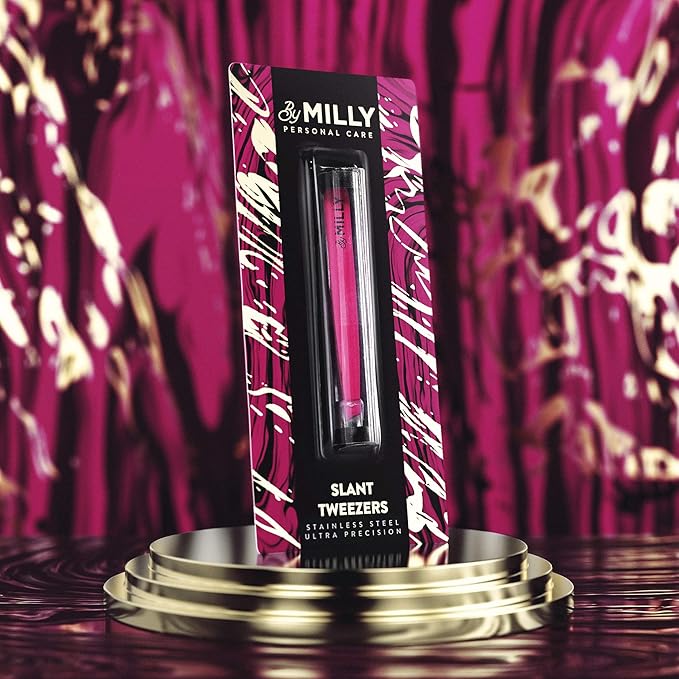 By MILLY Professional Slanted Tweezers for Women and Men | High Carbon Stainless Steel Sharp Tweezer | Tweezers for Women Facial Hair Plucking, Hand-Filed & Aligned Precision Slant Tips - Pink