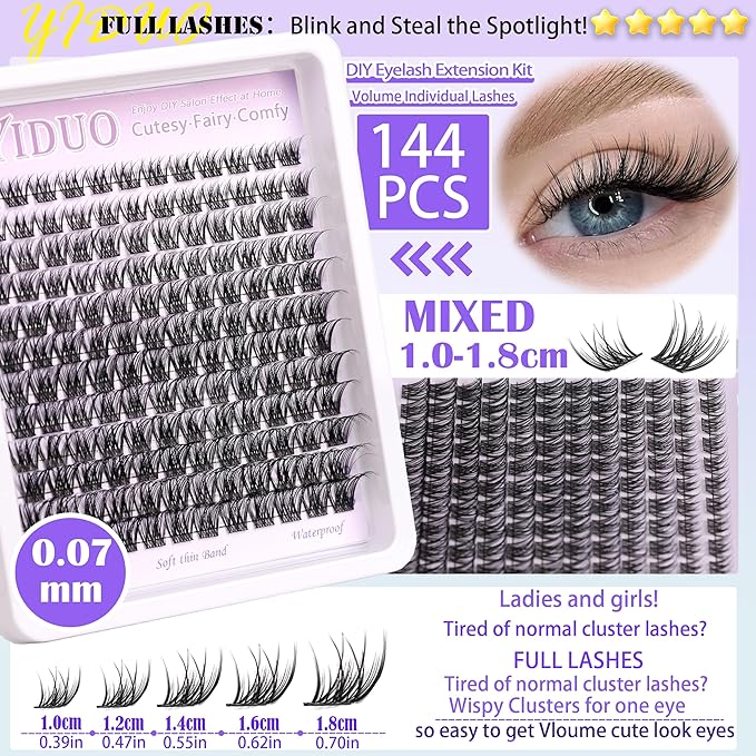 YlDUO Lashes Clusters Kit Natural Clusters Lash Extensions C/D Curl Wispy Individual Fake Eyelash, DIY Natural Extension Lash with Glue*2|Tweezers|Removers|Eyelash&Eyebrow Brush DIY at Home Easily