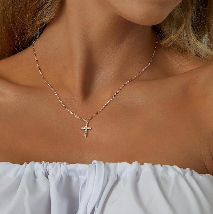 Tewiky Cross Necklace for Women-Dainty Simple 14k Gold Plated/sterling silver Plated Cross Pendant Cute Necklaces Jewelry for Women