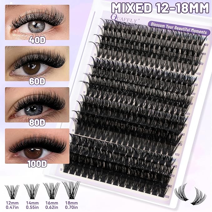 QUAFFLY Lash Clusters Kit 949pcs Natural Cluster Lashes With Bottom Lash Manga Lashes with Lash Bond and Seal Remover Dual-Ended Brush Headband Wristband Tweezer Lash Extension Kit for Beginner