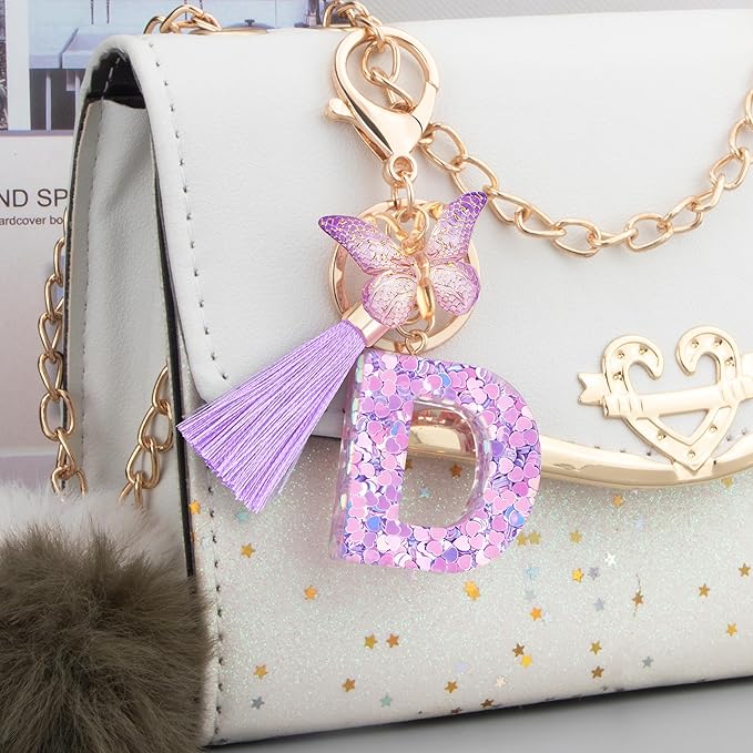 Initial letter Keychains for Women Girls Tassel Butterfly Cute Keychain for Wallet Backpack charm