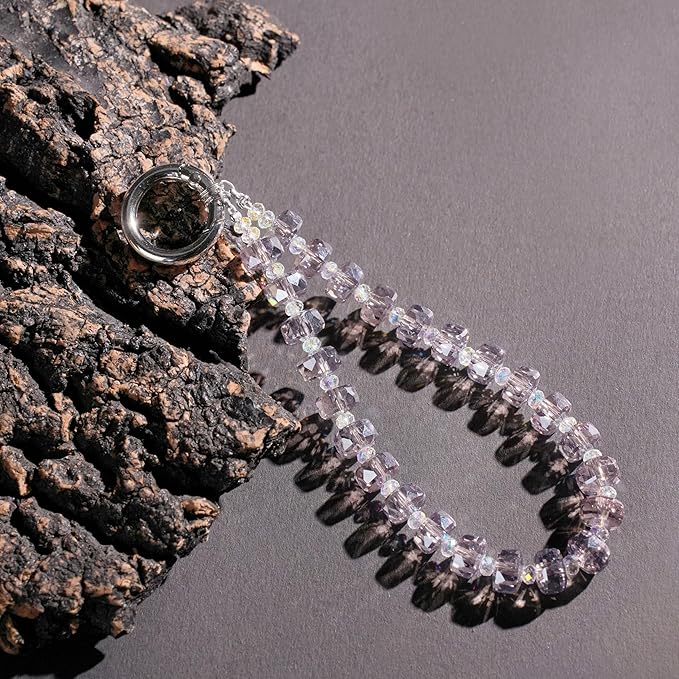 Crystal Beaded Phone Wrist Strap Glass Beads Bracelet Lanyard Crystal Chain Cell Phone Wristlet Strap for Women (Light Purple)