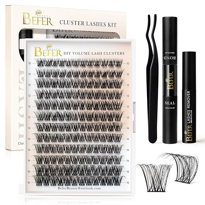 BEFER Lash Clusters Kit, 144 Pcs D Curl Eyelash Clusters Volume Individual Lashes Extensions Bond and Seal Gentle Remover 10-16MM Wispy Eyelash with Tweezers DIY At Home(Radiance, FD03 Kit)