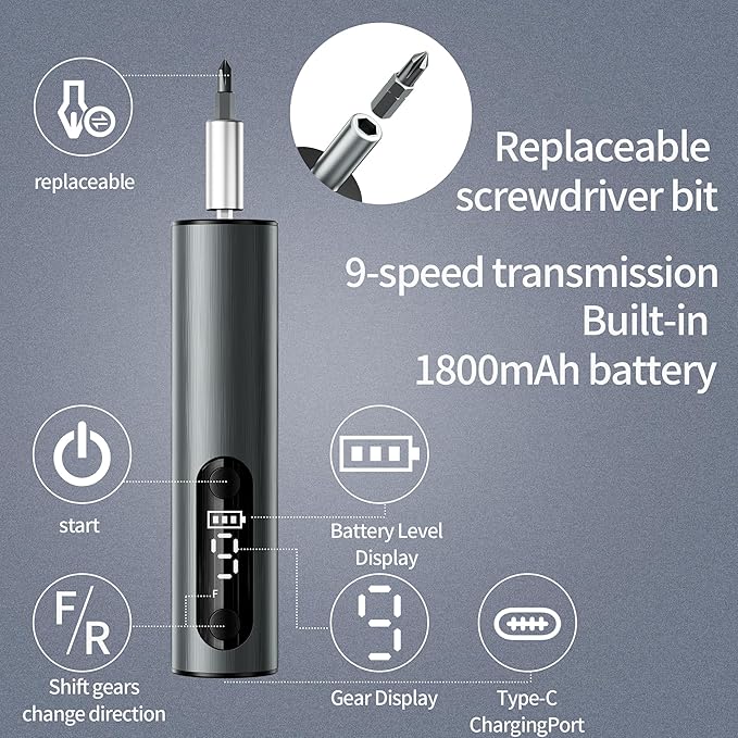 Multi-Functional Electric Screwdriver Set - Cordless Stick Drill w/Wireless Charging & Magnetic Bits, Perfect for Electronics, Home Appliances, Computers, Phones, Watches Repair & DIY (grey)