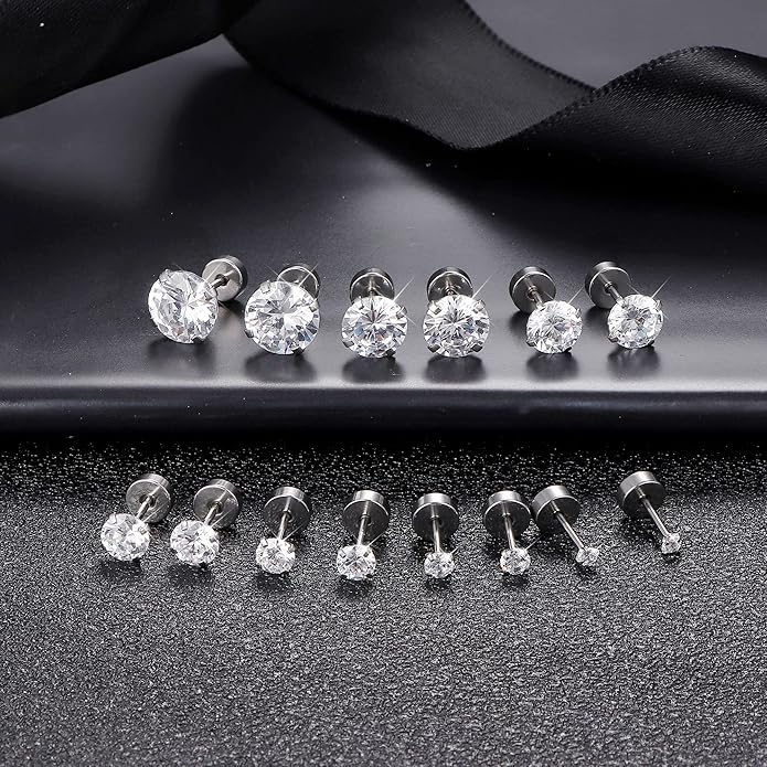 Fansilver 20G Hypoallergenic Flat Back Earrings for Women Men Silver 14K Gold Stainless Steel Stud Earrings Brithstone Cubic Zirconia Studs Surgical Steel Cartilage Earrings for Sensitive Ears