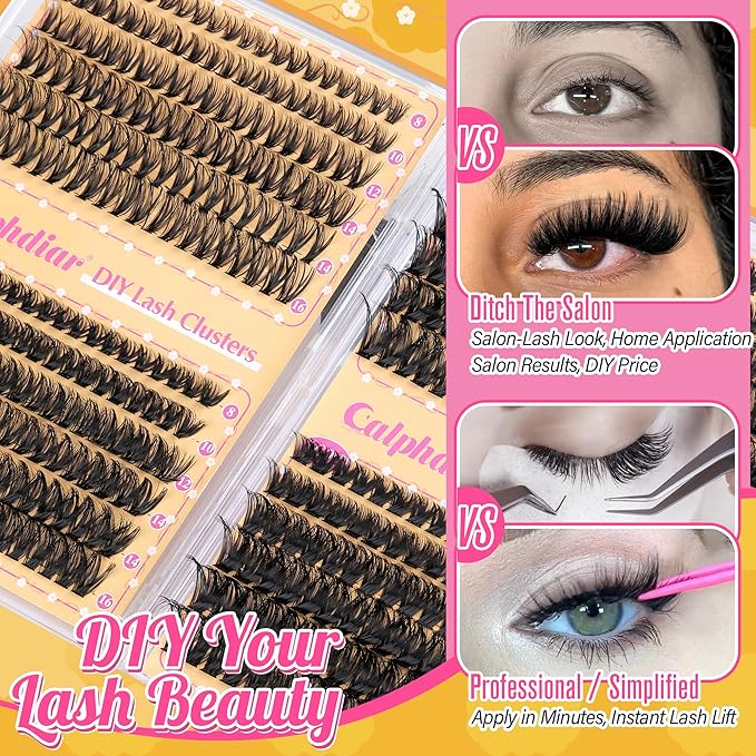 Calphdiar Lash Clusters 40D+60D+80D+100D Eyelash Clusters 474PCS Individual Lashes D-Curly Cluster Eyelash Extensions 8-16MM Wispy Lashes Clusters Volume False Mink Eyelashes DIY Lash Extension