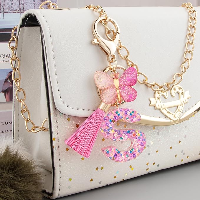 Suweibuke Cute Pink Key Chains for Women Girls, Initial Letter Keychains with Tassel, Charms for Key Purse Handbags Backpacks