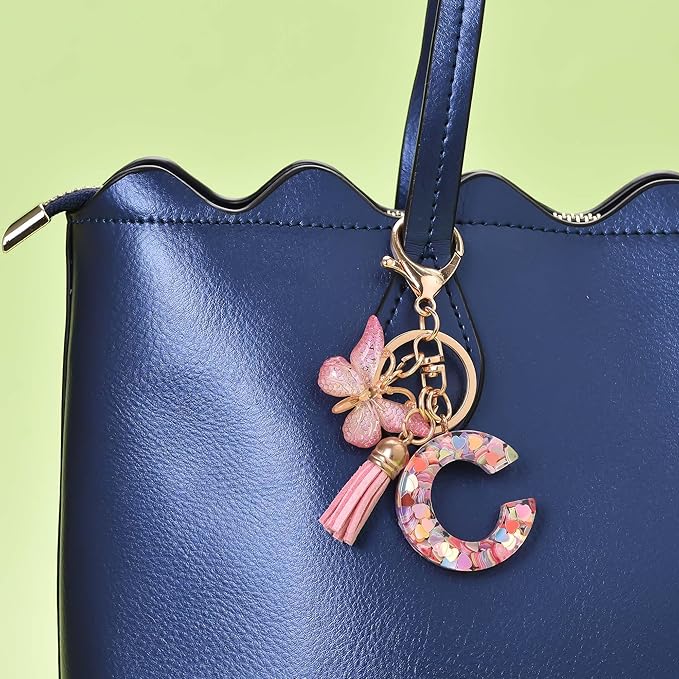 Fashion Alphabet Initial Letter Keychain Tassel Butterfly Pendant Key Ring for Purse Handbags Women Girl