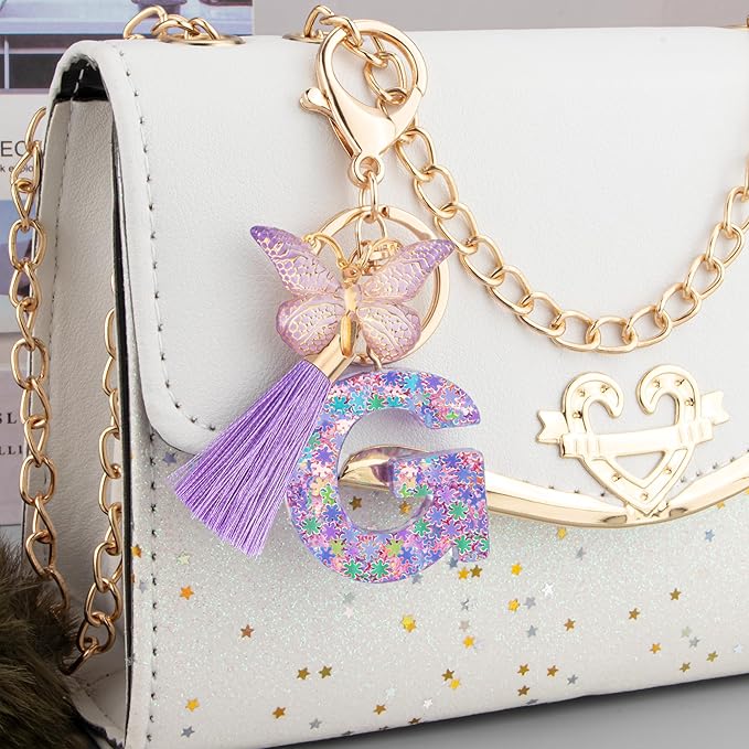 Suweibuke Cute Pink Key Chains for Women Girls, Initial Letter Keychains with Tassel, Charms for Key Purse Handbags Backpacks