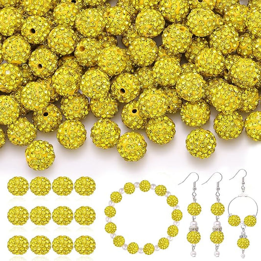 120pcs 10mm Rhinestone Beads for Jewelry Making, Yellow Shiny Round Shamballa Disco Ball Beads Bulk, Sparkle Crystal Clay Christmas for Bracelet Baseball Necklace Earring Crafting and DIY
