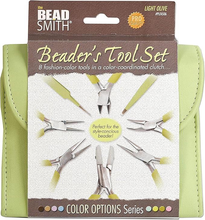 The Beadsmith Fashion Color Pliers – Set of 8 Slimline Color-Coordinated Tools – Matching Clutch in Light Olive – Jewelry Making Supply Kit to Create Necklaces, Bracelets, Earrings & More
