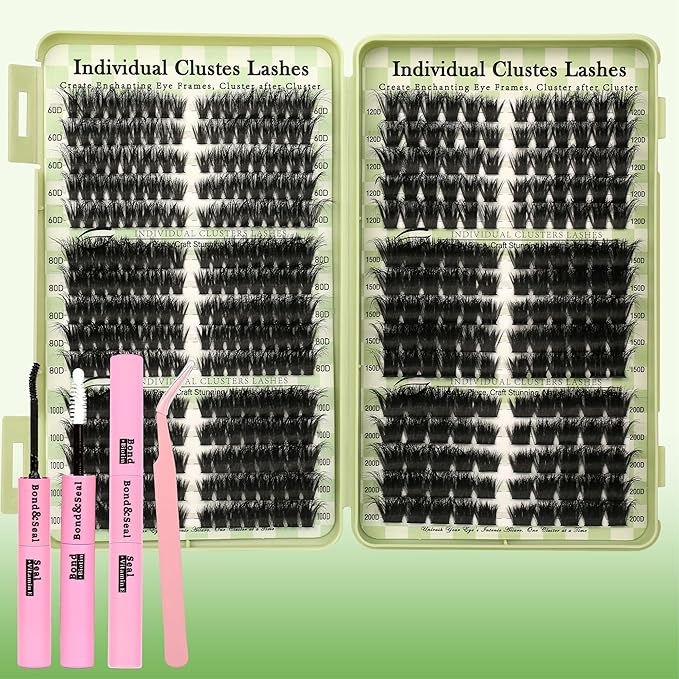 Gmagictobo Lash Clusters Fluffy 80D 100D 150D 200D C Curl Lash Clusters Kit 430Pcs DIY Cluster Eyelash Extensions Eyelash Clusters Cat Eye Lashes Clusters Eyelash Extensions Lash Glue Lash Tweezers