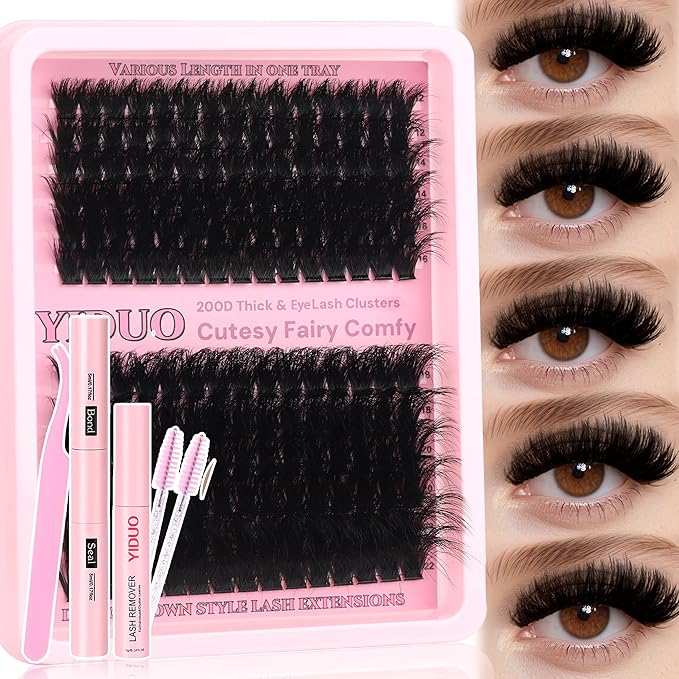 YIDUO Lashes Clusters Kit 200D Volume EyeLash Clusters 12-22MM D Curl Wispy Lashes Extensions Kit 180pcs Thick Individual False eyelashe Extension with Bond and Seal |Tweezers |Removers |Eyelash Brush