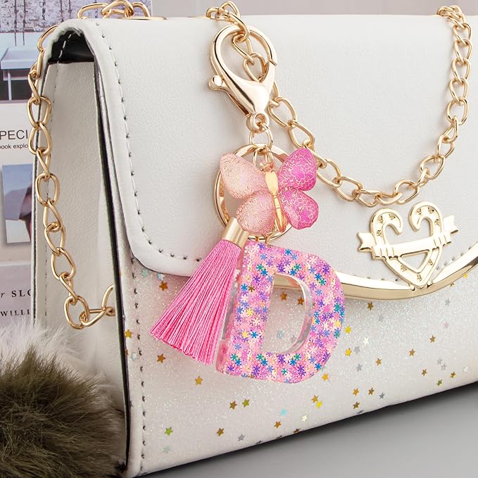Suweibuke Cute Pink Key Chains for Women Girls, Initial Letter Keychains with Tassel, Charms for Key Purse Handbags Backpacks