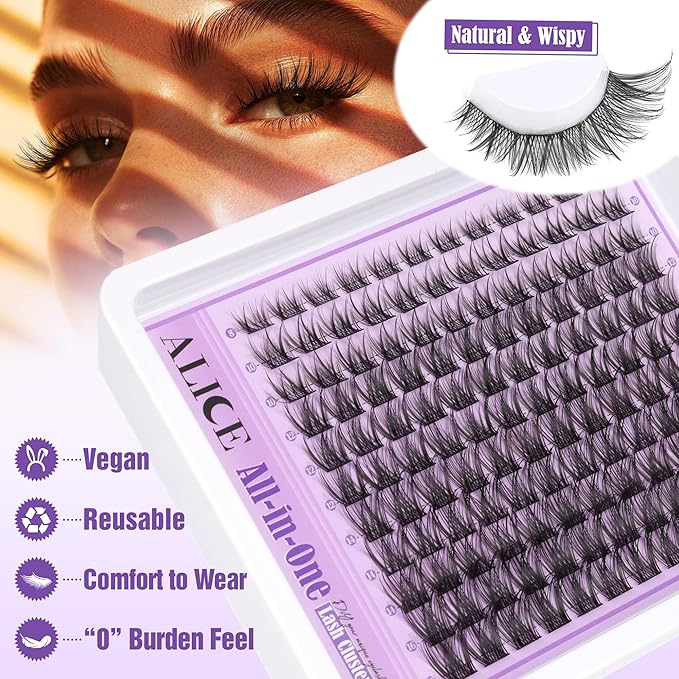 Wispy Lash Clusters Kit Natural Lash Extensions Kit DIY Cluster Eyelash Extensions C-Curly 8-16mm Individual Lashes Kit with Lash Remover Black Bond and Seal Soft Thin Band by ALICE