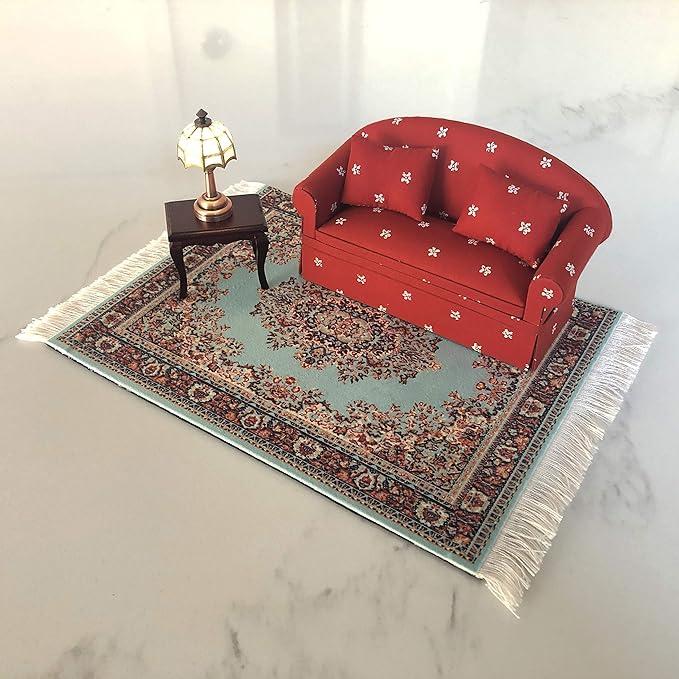 Turquoise Dollhouse Rug, Miniature Doll House Accessory, Carpet for 3” to 12” Dolls, 10x7, Rectangle, Toy Carpeting Decor