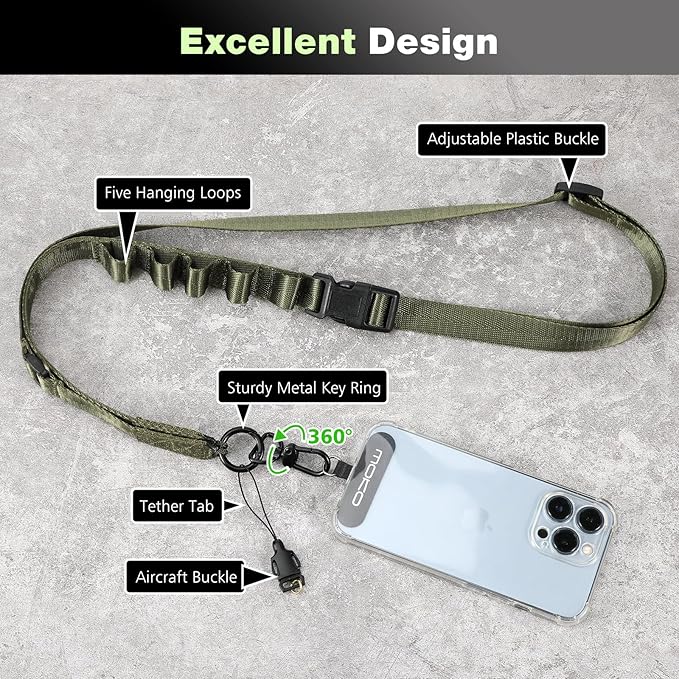 MoKo Universal Phone Lanyard, Nylon Adjustable Cell Phone Crossbody Strap Detachable Women & Men Cellphone Lanyards Around the Neck with Patches for iPhone, Most Smartphone, Army Green