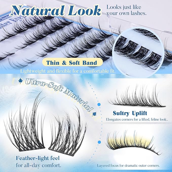 Natural Lash Clusters Kit Cat Eye Wispy DIY Lash Extension Kit Wispy Clusters Eyelash Extension Kit Thin Lash Band Individual Lashes Lash Bond and Seal and Tweezers for Lash Clusters Kit DIY at Home