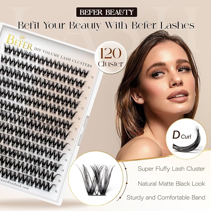 BEFER Eyelash Clusters, 120 Pcs D Curl Volume Individual Lashes Extensions Eyelash Clusters 10-16MM Wispy Lashes DIY At Home(Seraphic,FD43)