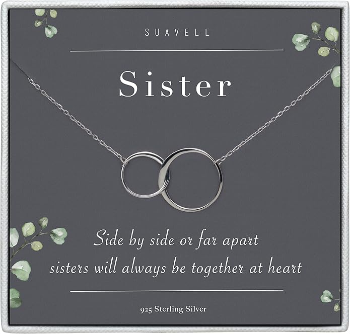 Suavell Sister Necklace - Sterling Silver Interlocking Double Circle Necklace - Birthday Gift for Sister - Maid of Honor Gift