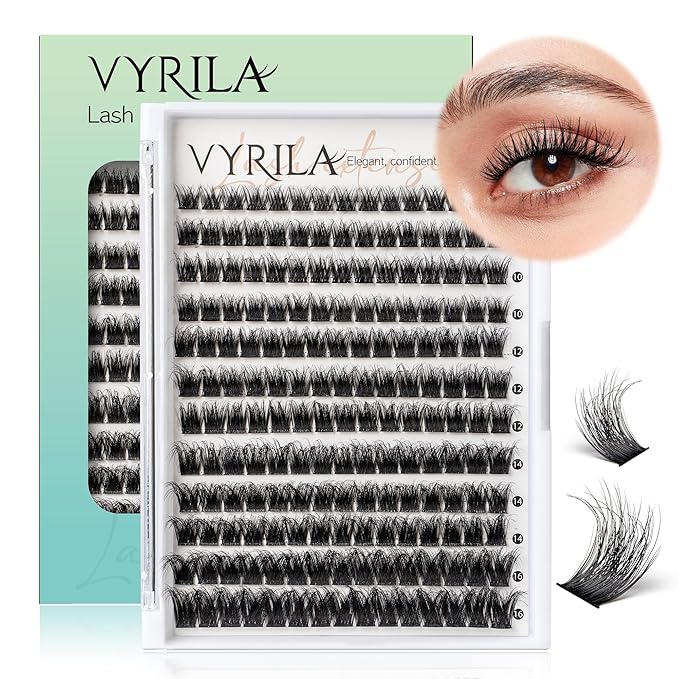VYRILA Lash Clusters 0.05mm Individual Lashes, 3D Wispy Lashes Clusters, 0.1mm Super Thin Band Resuable Natural Lashes,D Curl Faux Mink Lashes,180pcs Lash Extension (Green Lushy-C-0.05-8-16mix)