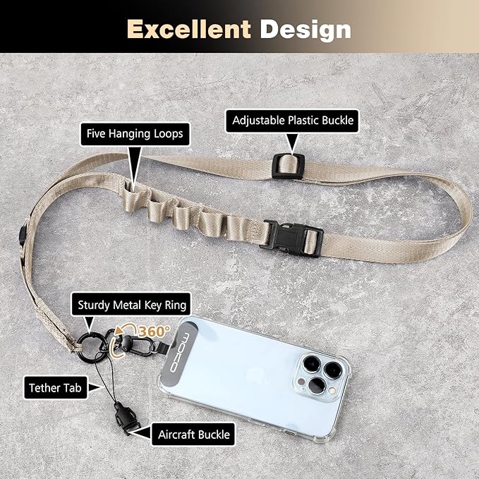 MoKo Universal Phone Lanyard, Nylon Adjustable Cell Phone Crossbody Strap Detachable Women & Men Cellphone Lanyards Around the Neck with Patches for iPhone, Most Smartphones, Light Khaki