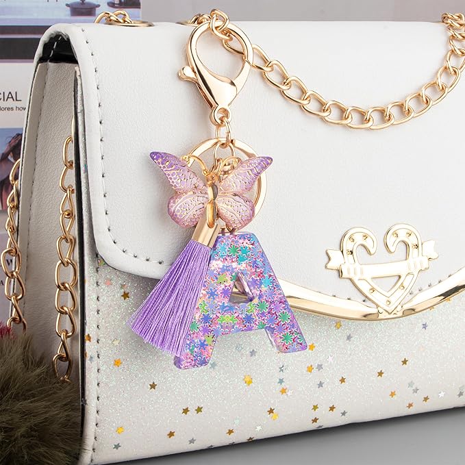 Suweibuke Cute Pink Key Chains for Women Girls, Initial Letter Keychains with Tassel, Charms for Key Purse Handbags Backpacks