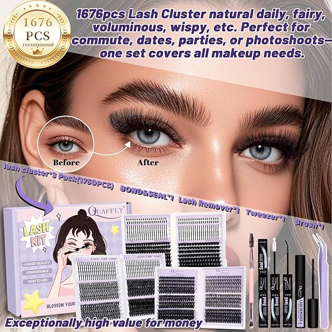 DIY Lash Extension Kit 1676Pcs D Curl Individual Spike Manga Lash Clusters Kit with Bottom Lashes, Lash Bond and Seal, Remover, Tweezers,Brush by QUAFFLY