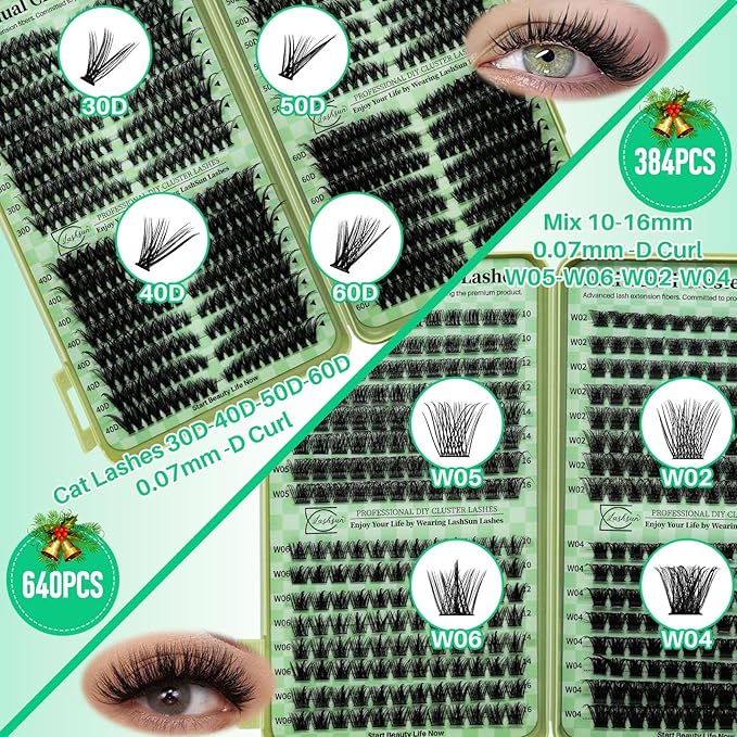 Lash Clusters Kit Wispy Eyelash Clusters Kit Cat Eye Lashes Clusters Kit Cluster Eyelash Extensions Pestañas Postizas Naturales Lash Extension Kit+Lash Bond and Seal,Remover,Tweezers(4 Boxes Kit-1)