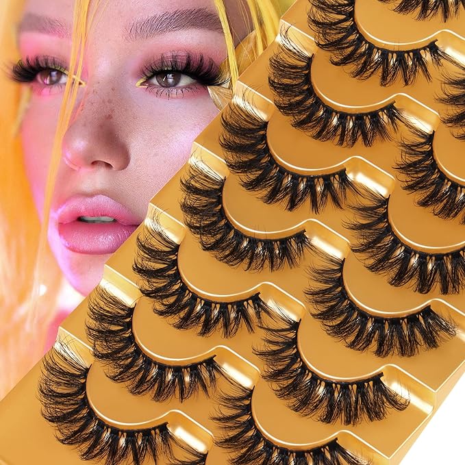 Focipeysa False Eyelashes Fluffy Mink Lashes Natural D Curl Lash Strips Look Like Extensions 17mm Wispy Crossed Cat Eye Lashes 8 Pairs Pack