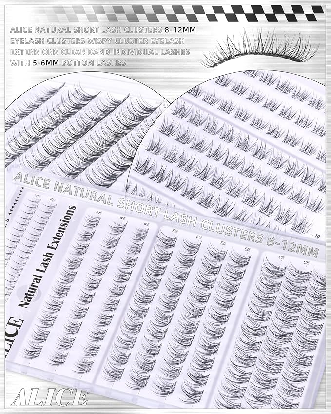 ALICE Natural Short Lash Clusters 8-12mm Eyelash Clusters Wispy Cluster Eyelash Extensions Clear Band Individual Lashes with 5-6mm Bottom Lashes
