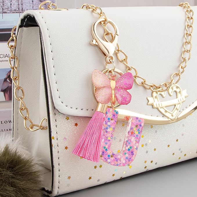 Suweibuke Cute Pink Key Chains for Women Girls, Initial Letter Keychains with Tassel, Charms for Key Purse Handbags Backpacks
