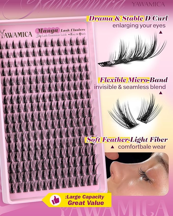 Yawamica Manga Lash Clusters Kit - DIY Eyelash Extension Kit with Bond and Seal & Tweezers, D Curl Wispy Spiky Individual Lashes 10-16mm Mixed Eyelash Clusters, Natural 3D Anime Look for Home Salon