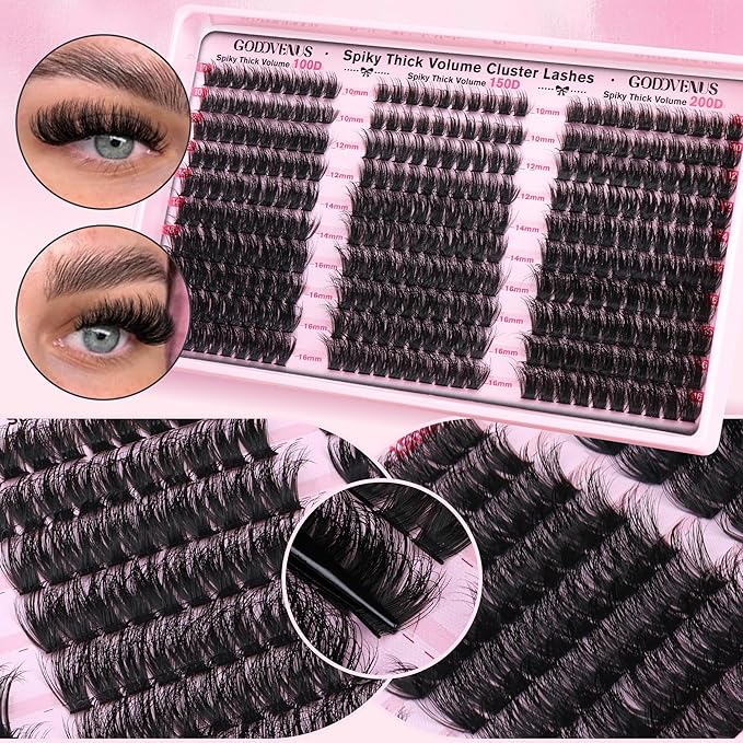 Goddvenus Fluffy Lash Clusters Kit Thick 100-150-200D Volume Eyelash Clusters Kit 10-16mm Wispy Individual Lashes Kit D Curl Cluster Eyelash Extensions 300pcs DIY Lash Extension for Beginners