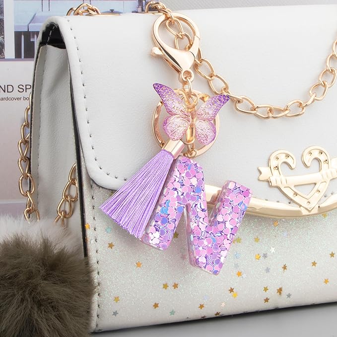 Initial letter Keychains for Women Girls Tassel Butterfly Cute Keychain for Wallet Backpack charm