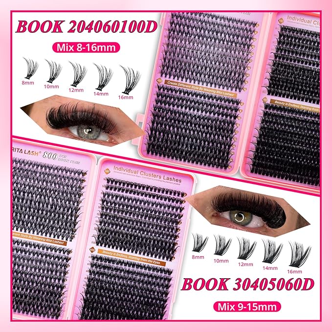 Lash Clusters Kit Eyelash Clusters Kit Cat Eye Lashes Large Pack Cluster Eyelash Extensions Lash Extension Kit Pestañas Postizas Naturales with Lash Bond&Seal,Remover,Tweezers,Cleanser(Lash Kit-5)