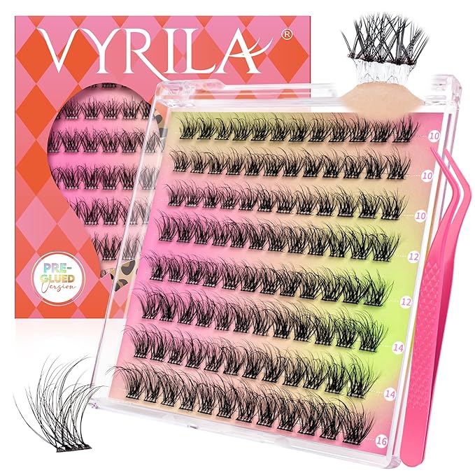 VYRILA Self Adhesive Lash Clusters Kit, D Curl Wispy Pre Glued Lash Extensions with Tweezers, Reusable 0.1mm Ultra Thin Band Natural Eyelashes, Easy Apply Eyelash Clusters for Beginners(PG-ZE05)