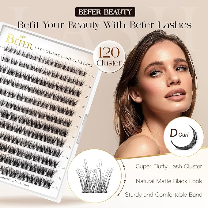 BEFER Lash Clusters Kit, 120 Pcs 3D Curl Eyelash Clusters Volume Individual Lashes Extensions 10-16MM Wispy Eyelash with Tweezers DIY At Home(Vigor, ZE02,Kit)