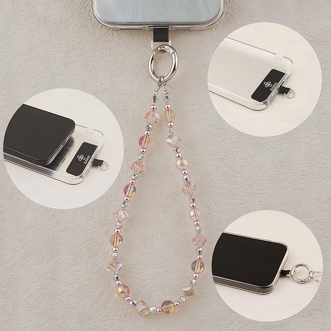 Cell Phone Wrist Strap Crystal Beaded Phone Bracelet Strap For Women Sparkling Beads Wristlet Lanyard Beaded Chain (Sakura Pink)