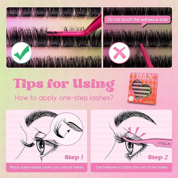 VYRILA Self Adhesive Lash Clusters Kit, D Curl Wispy Pre Glued Lash Extensions with Tweezers, Reusable 0.1mm Ultra Thin Band Natural Eyelashes, Easy Apply Eyelash Clusters for Beginners(PG-ZE04)