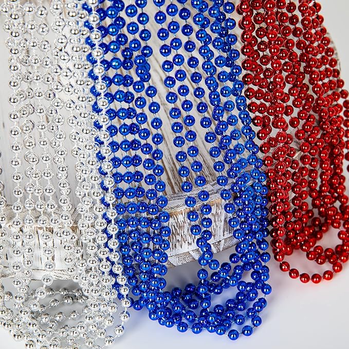 EOBOH 4th of July Necklace, 200PCS Independence Day Beads Toy Necklace Accessories, Fourth of July Red Blue Silver Bulk, Beads Bulk for Patriotic Parade Party Toy Celebration Favors