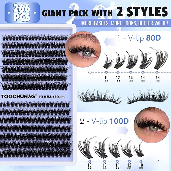 Wispy Lash Clusters Thick Eyelash Clusters 80D+100D Cluster Eyelash Extensions Spiky D Curly Lashes Clusters 266pcs DIY Cluster Lashes 10-18mm Volume Individual Eyelashes by TOOCHUNAG